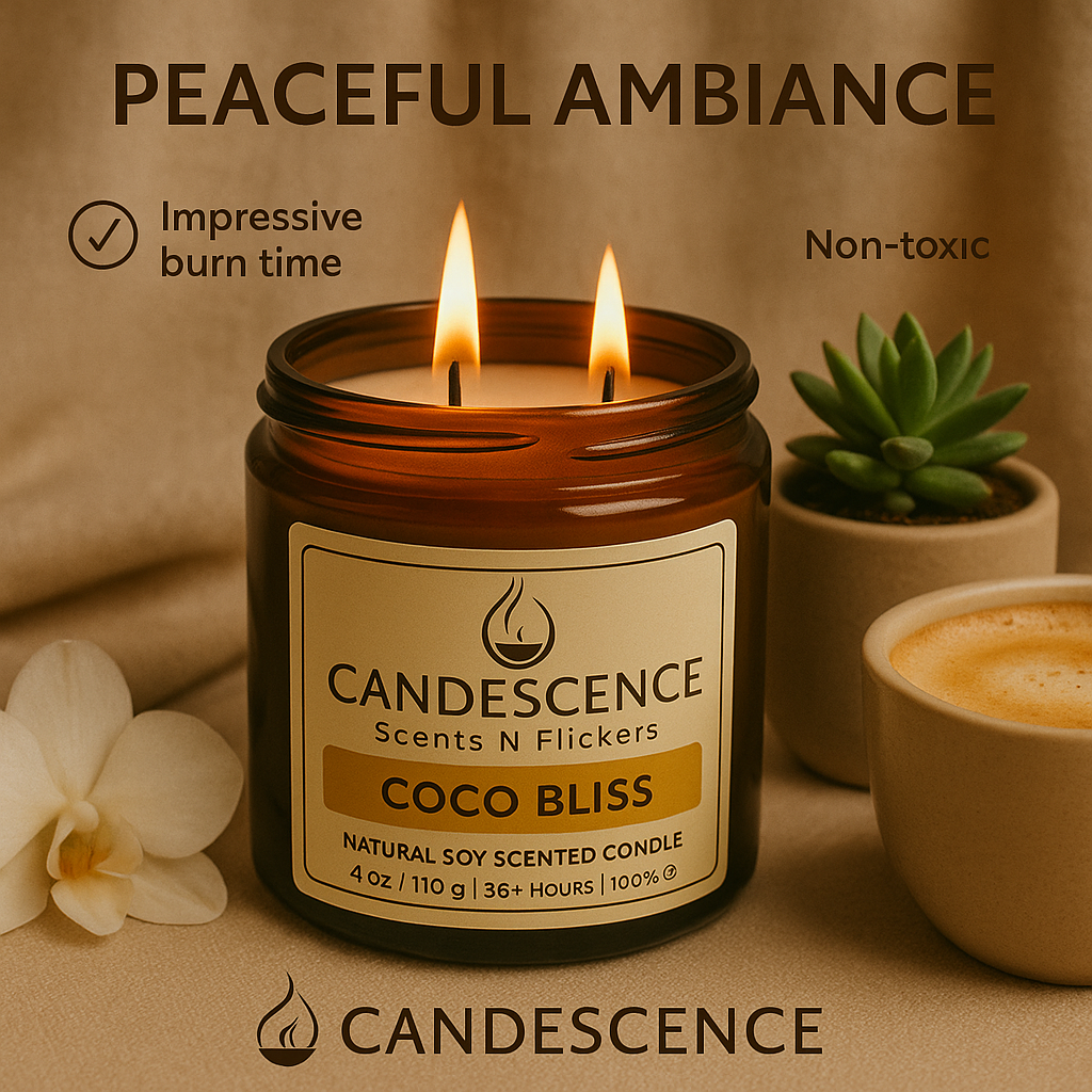 Coco Bliss | Glass Jar Soy Wax Scented Candle | Brown Glass Jar with Lid